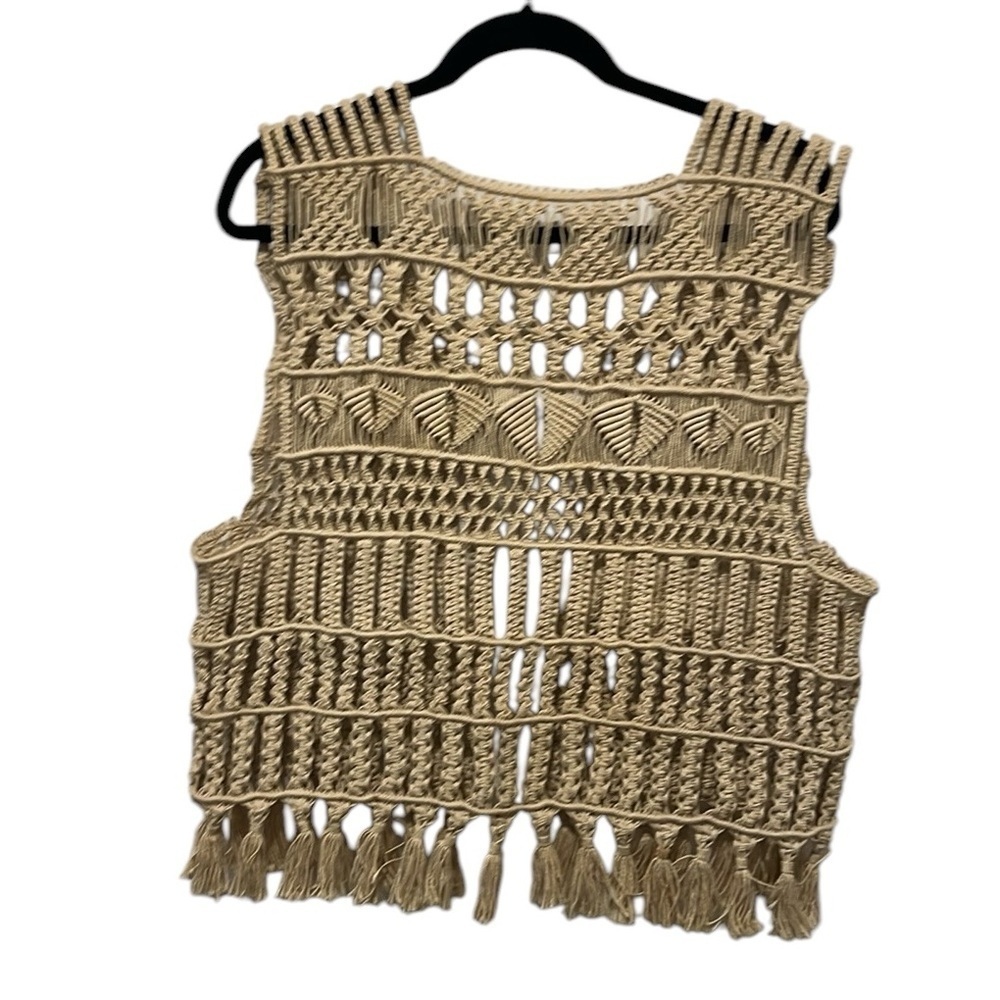 Macrame tan boho crochet fringe vest one size - Picture 2 of 6